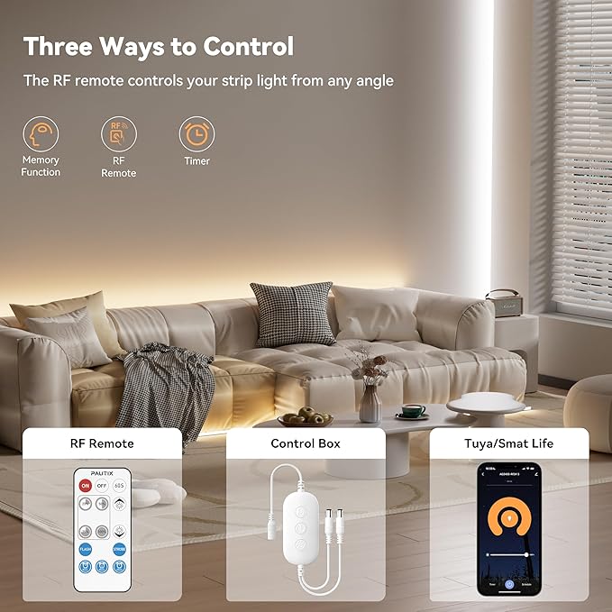 PAUTIX 2-Way RF WiFi Smart Remote Dimmer for Single Color LED Strip Lights,Work with Alexa and Google,14-Key Wireless Remote,DC 12-24V Controller for 3528/2835/5050/COB LED Strip Light(One to Two Way)