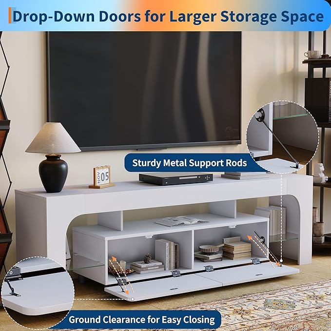 IDEALHOUSE LED TV Stand for 55 to 75 Inch TV, White Entertainment Center with Storage Drawer & Glass Shelves, Modern TV Console Table with Color Changing Lights for Living Room Bedroom