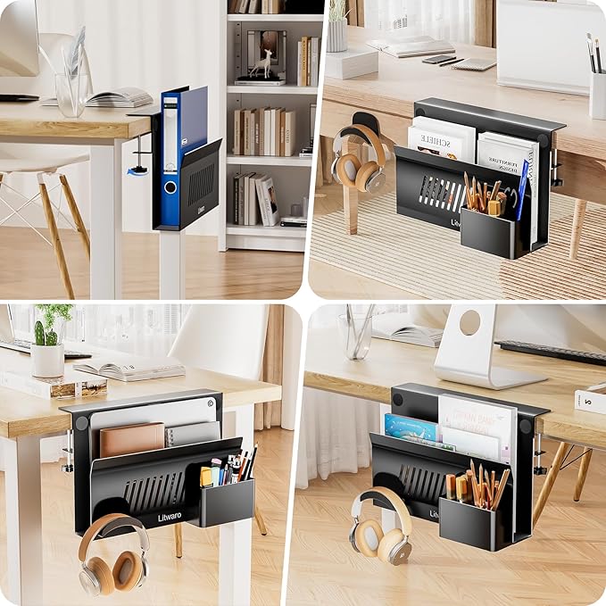 Litwaro Desk Side Storage Organizer, No Drill Laptop Holder Clamp on Desk Shelf with Magnetic Pen Holder, Hanging Organizer Fits Flat Edge Desks 0.4" to 2.1" (Black)