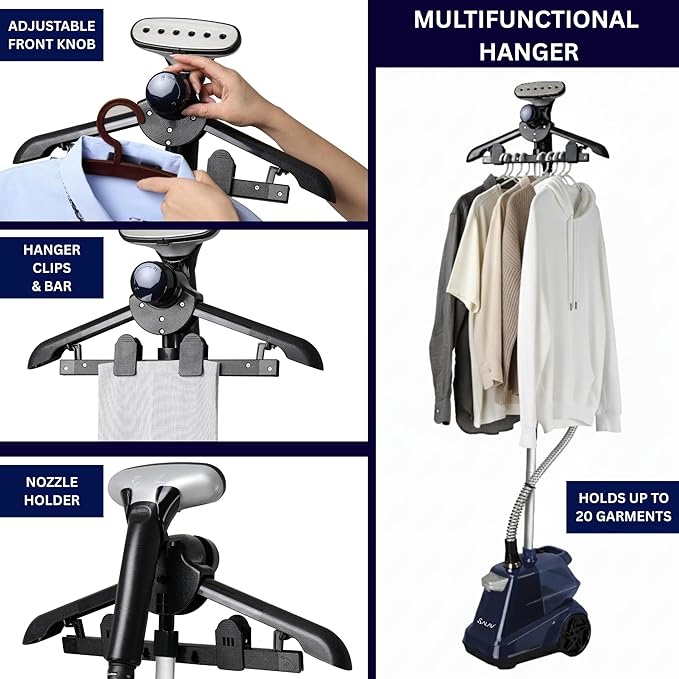 SALAV Heavy Duty Commercial Full-Size Garment Steamer with Foot Pedals and Extra Large 3L (101.5 oz) Water Tank, 1800 watts of Poweful Steam (Navy)