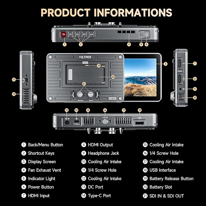 VILTROX DC-X3 2000 Nits SDI Camera Field Monitor Kit with Rig Cage, 4K HDMI 6" Touchscreen On Camera Video Monitor w Sunshade Hood/Battery, 3D Lut 1920X1080 HD Full Waveform Focus Peaking VectorScope