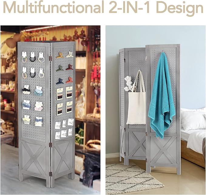 Wnutrees 4 Panel Pegboard Display, 5 Ft Wood Folding Privacy Screens Room Divider, Portable Freestanding Display Board for Craft/Art Shows, Retail, Events, Wall Organizer, Rustic Barnwood, Grey
