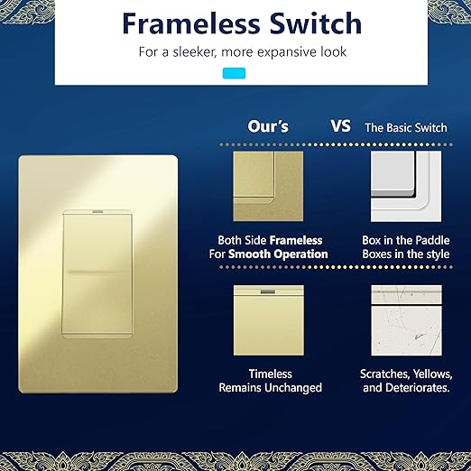 LIDER Minimalist Design Matte Finish Lighted Decorator Switch with Screwless Wall Plate, Frameless Paddle Light Switch with Locator Light, Single Pole, Grounding Screw, 15A 125V, UL Listed, Gold