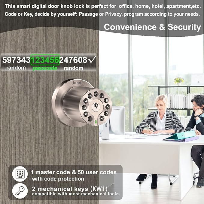 iulock Waterproof Electronic Door Knob with Keypad and Key, Auto Lock, Satin Nickel, 50 Codes, Easy to use and install for Office/Warehouse/Bedroom/Garage