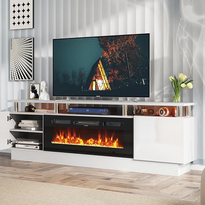 oneinmil Fireplace TV Stand with 36” Electric Fireplace, 80” 2 Tier TV Console Stand for TVs Up to 90"", LED Light Entertainment Center, Fireplace for The Living Room TV Stand, White, H21014WH-80