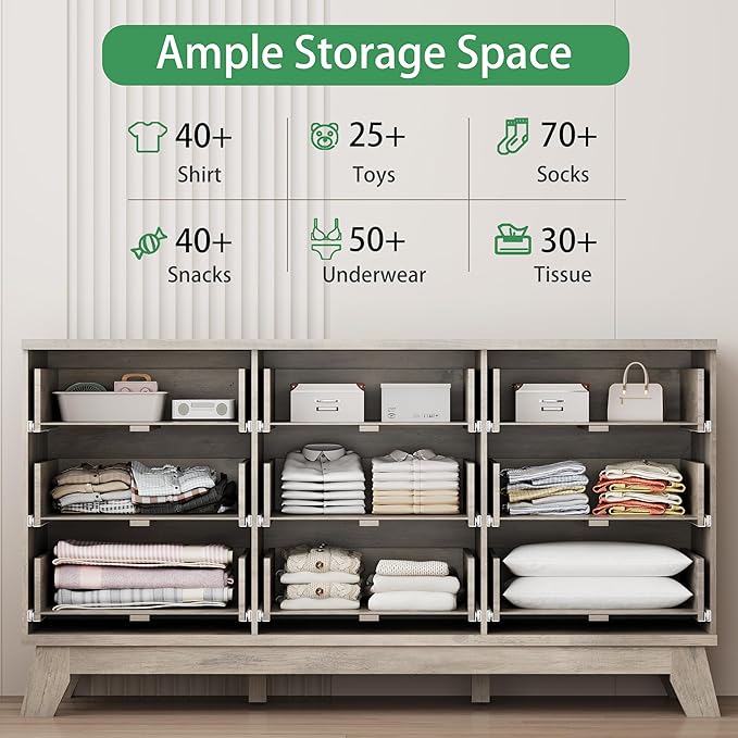 Xixini Fluted Dresser for Bedroom with 9 Drawers, 57" Wide Modern Chest of Drawers with Metal Handle, Wooden Dresser TV Stand, Wood Closet Clothes Storage Organizer for Living Room, Hallway, Grey