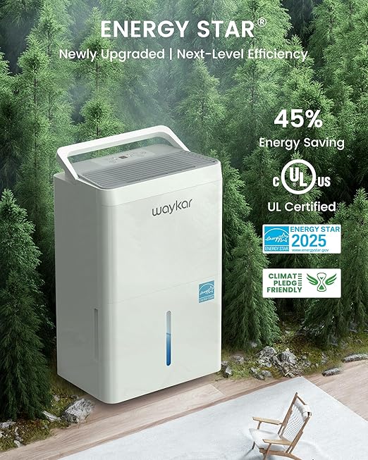 Waykar 6,000 Sq. Ft. Energy Star 120 Pint Dehumidifier - Auto Comfort Mode, Ultra Quiet(40 dB), Portable Smart Compressor Dehumidifier for Basement/Home/Bedroom/Bathroom with Drain Hose
