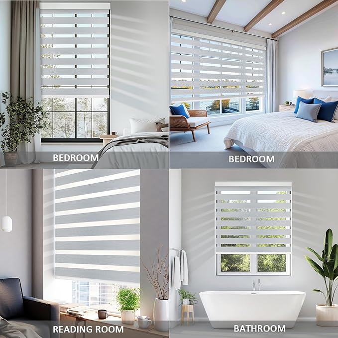 COOLWINDS Motorized Zebra Blinds for Windows Cordless Electric Curtains with Remote Control Blackout Shades Custom Smart Blinds Compatible with Alexa Google Home(95% Blackout Grey,W21 X 72in)