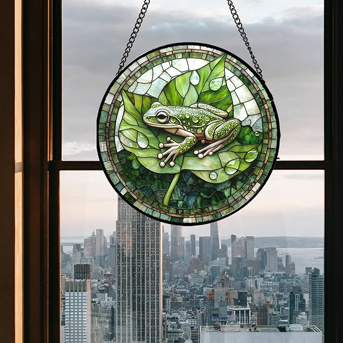 CRISGIF Stained Glass Window Hanging - Cute Frog Suncatcher for Doors Garden Patio Green Leaves Sun Catchers Decor Christmas Mother's Day Birthday Gifts for Women Men Mom Nana Boy Friend 11.8 in