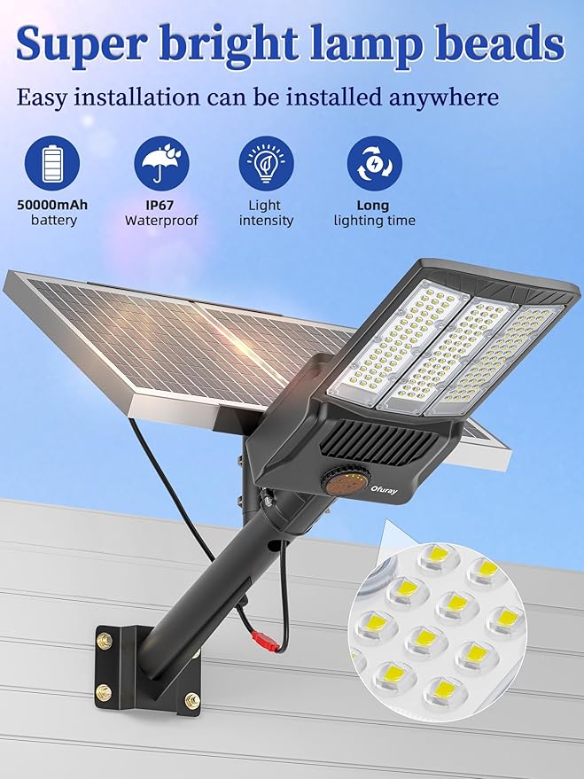 Ofuray OL-10600W Solar Street Lights Outdoor,50,000mAh Solar Parking Lot Security Lights Commercial up to 720,000Lm Distance,IP67 Street Dusk to Dawn with Remote Control for Street,Barn