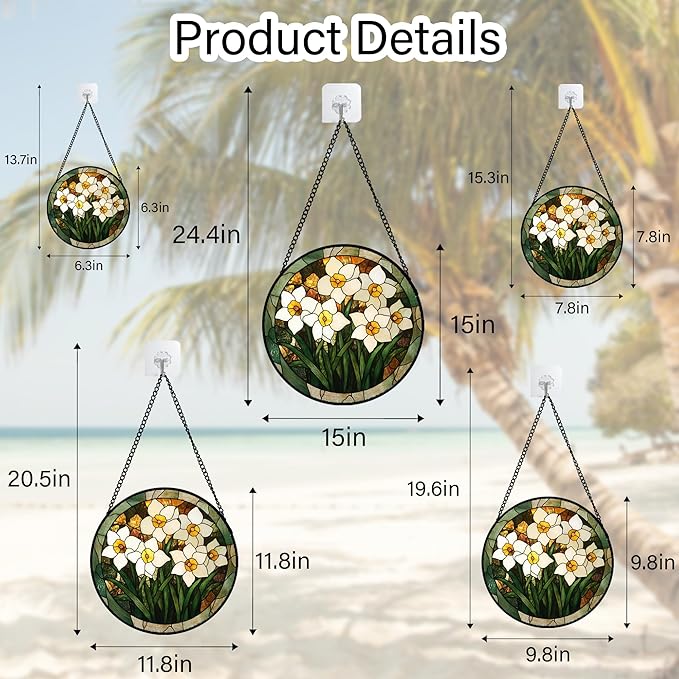 CRISGIF Stained Glass Window Hanging, White Lily Suncatcher for Door Garden Patio Birth Flower Green Plant Sun Catchers Decor Christmas Mother's Day Birthday Gifts for Women Mom Nana Friend 11.8 in