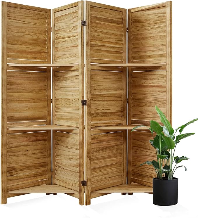 Partition Room Dividers, 67 * 51inch Folding Wood Privacy Screen with Three Display Shelves Suitable for Home Office, Study, Art Display - 4 Panel(Natural)