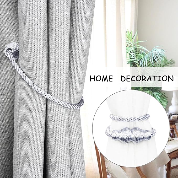 Nieffeiy Magnetic Curtain Tiebacks Outdoor Curtain Tie Backs Rope Decorative Magnetic Curtain Holders for Drapes Window Treatment Holdbacks, Grey 2Pack