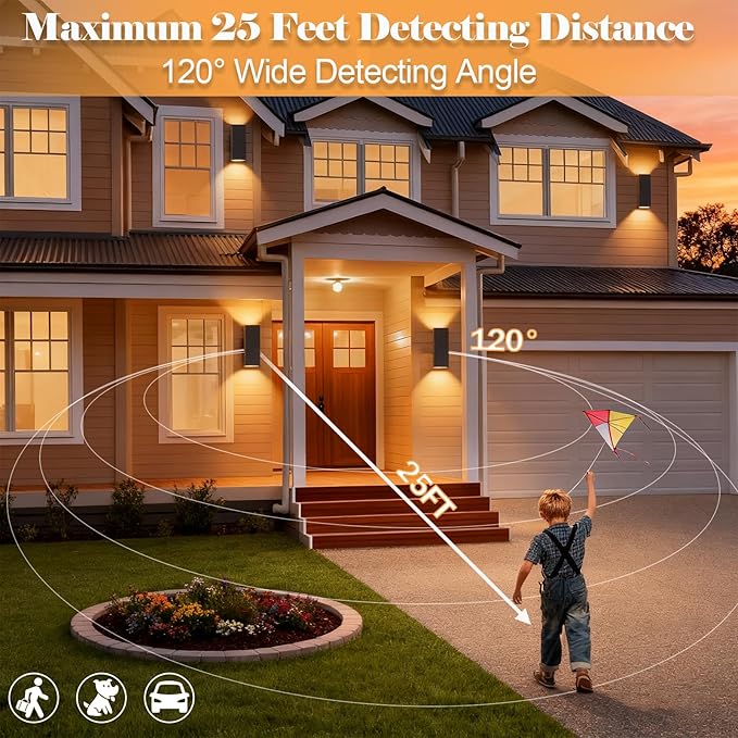 wowlite Motion Sensor Outdoor Wall Lights, Dusk to Dawn Outdoor Lighting with E26 Bulbs Included, 3 Lighting Modes Black Exterior Lighting Fixtures, Aluminum Outside Lights for House Porch Yard 2 Pack