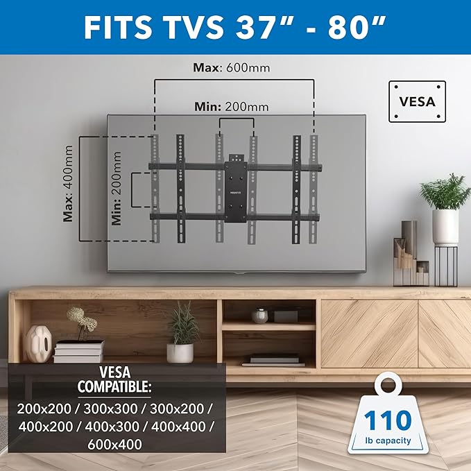 Mount-It! UL Certified Heavy Duty Full Motion TV Wall Mount for Most 37-80 Inch Flat Screen TVs, Wall Mount Bracket Max VESA 600x400, Holds up to 110lb, Full Motion TV Mount 55 inch, 65 inch, 80 inch