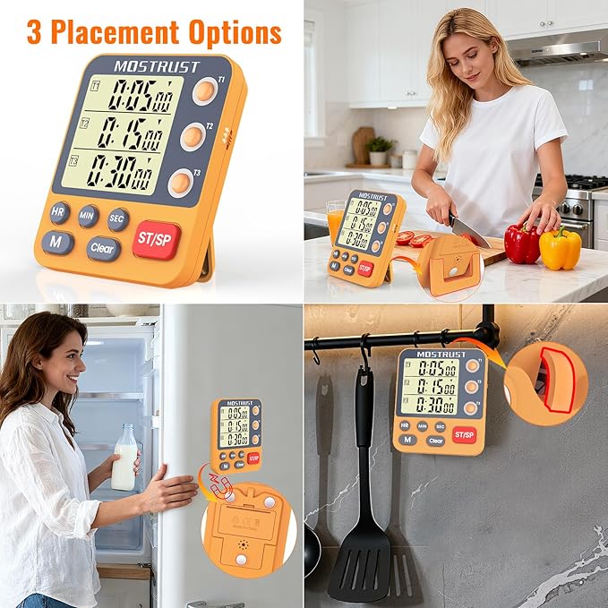 MOSTRUST Digital Dual Kitchen Timer, 3 Channels Countdown Triple Timer for Cooking, Magnetic Memory-Preset Large Display Adjustable Alarm Volume, Multi Times Management, 3A Battery Included, Orange