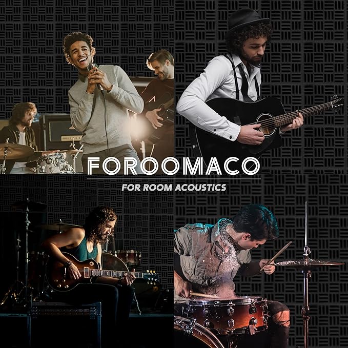 Foroomaco 12 Pack Sound Proof Foam Panels for Walls, 12.6x12.6x2 Inches Grid Style Acoustic Panels for Home Studio Acoustic Treatment (Black)