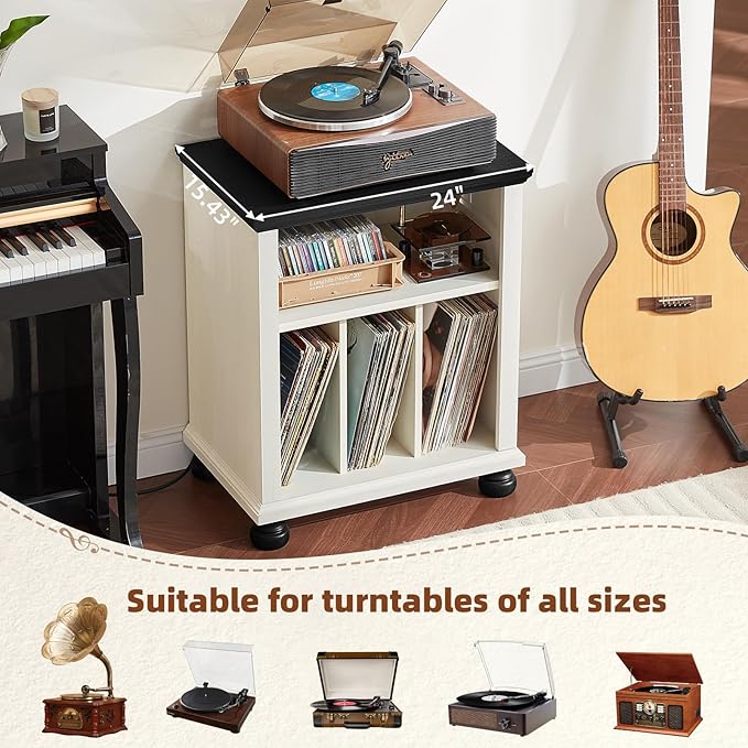 Joaxswe Record Player Stand with Charging Station Up to 200 Albums, 24" Wide Mid-Century Record Player Table with Vinyl Record Storage,Large Wood Turntable Stand Dispaly Cabinet for Living Room,White