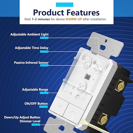 LIDER Motion Sensor Dimmer Switch for Dimmable 200W LED/CFL Lights, 3-Way, 120 V, Modern Upgrade, No Neutral Required, No Ground Required, UL Listed, Wall Plate Included, White, 2 Pack, New Version