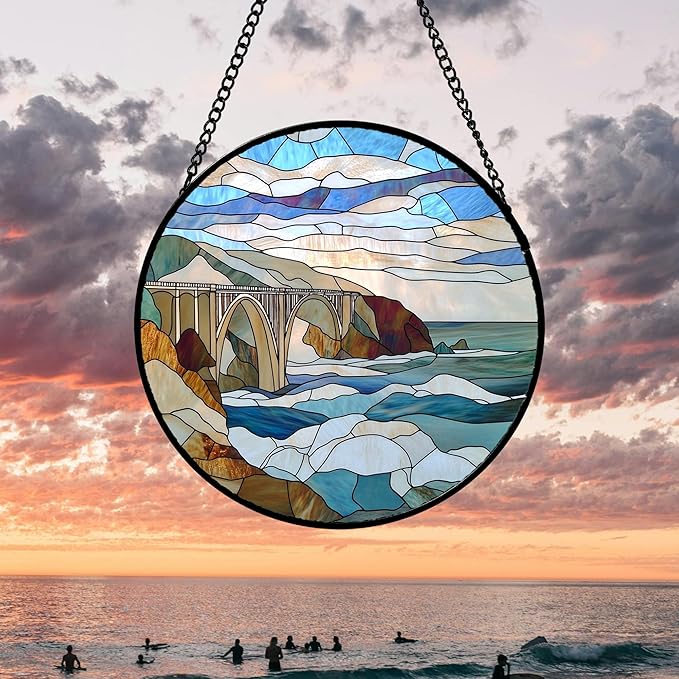 DASTOLL Stained Glass Window Hanging 4 Pcs Set Ocean Waves 9.8" - Blue and White Sea Suncatcher Door Garden Sun Catcher Decor Birthday Christmas for Mom Woman Nana Men