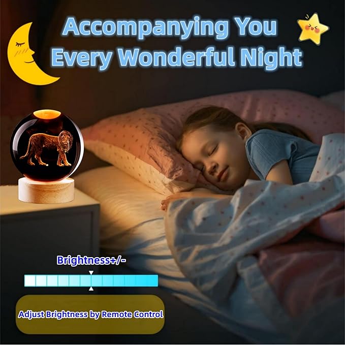 3D Crystal Ball Lamp with Lifelike LED Lion, 16 Color Changing Light, Dimmable Remote Control