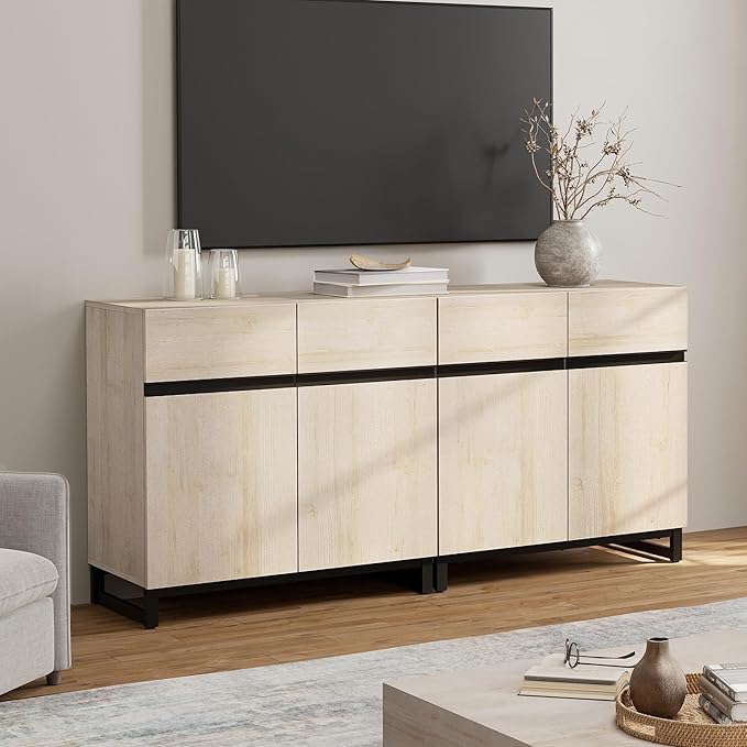 Wampat Modern TV Stand for 70 inch TVs, 2 in 1 Entertainment Center Console with Adjustable Shelves and Metal Base for Living Room, Bedroom, Light Oak