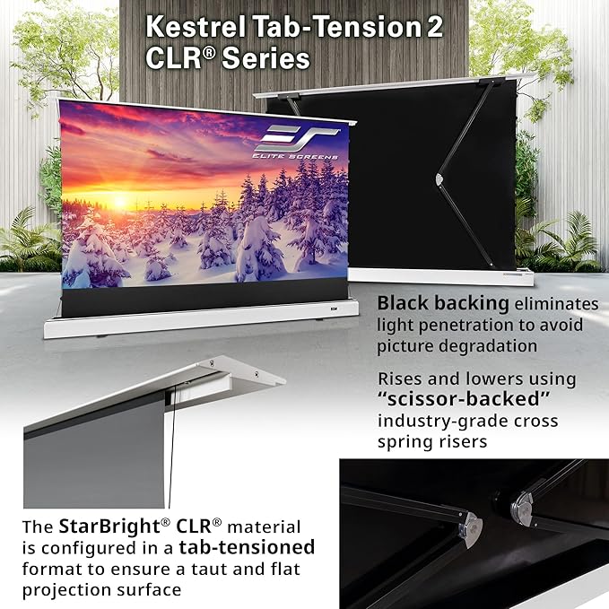 Elite Screens Kestrel Tab-Tension CLR, 121 inch 16:9, Ultra-Short Throw Ceiling Ambient Light Rejecting ALR Electric UST Floor-Rising Projection Motorized Front Projector Screen, FTE121XH3-CLR, White