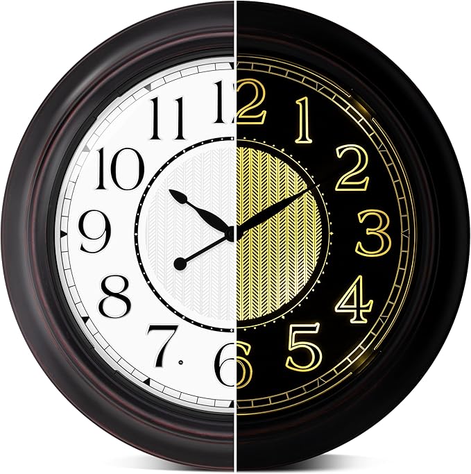 Koosome 18 Inch Lighted Wall Clock Outdoor Clocks with Smart Light Sensor Battery Operated Wall Clocks with Night Light, Waterproof Wall Clock for Patio, Garden, Porch, Living Room, Home, Office