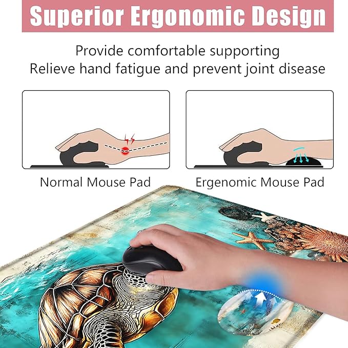 BFUKVOU Large Keyboard Mouse Pad Set, Extended Mouse Pad+Keyboard Wrist Rest Support, Memory Foam Ergonomic Easy Typing, 4Pcs (31.5×11.8 in) Desk Pad Set for Office Home,Watercolor Sea Turtle