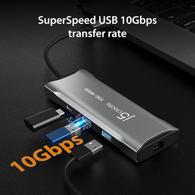 j5create Laptop Docking Station, 9-in-1, 4K60Hz HDMI, USB-C 10Gbps, 2 USB-A 10Gbps, 100W PD with USB-C 5Gbps, Ethernet, SD 4.0 Card Reader, for MacBook, XPS, Surface Pro (JCD393)