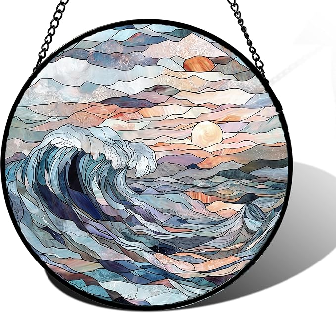 DASTOLL Stained Glass Window Hanging, Sunrise Waves Sun Catchers Diamond Glass Panel Hangings Abstract Suncatcher Decor for Birthday for Women, Men, Wife, Aunt, and Mom 9.8 in