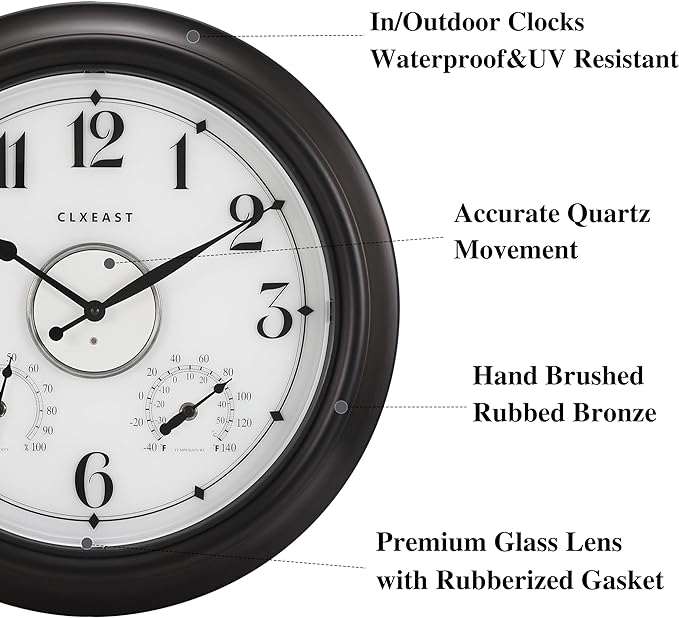 CLXEAST Illuminated Indoor Outdoor Clocks Waterproof 18 inch with Smart Night Light Sensor,Large Wall Clock with Thermometer & Hygrometer,Oil Rubbed Bronze Black,House Warming Gifts New Home