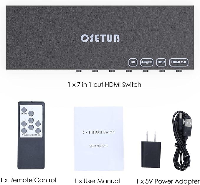 7 in 1 Out HDMI Switch 4K@60Hz with HDR, HDCP 2.2 & 3D and IR Remote Control for PS5, Xbox, Nintendo Switch, Apple TV, Roku, Fire Stick (Home/Office Use)
