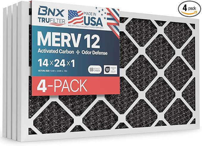 BNX TruFilter 14x24x1 MERV 12 Odor Defense (4-Pack) AC Furnace Air Filter with Activated Carbon - MADE IN USA - Pleated Air Conditioner HVAC AC Furnace Filters - Removes Odor, Mold, Bacteria, Smoke