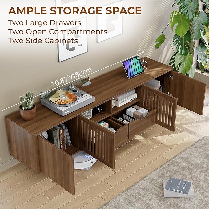 WODNITURE 71inch TV Stand with Storage & 2 Drawers, Mid-Century Modern TV Stand for Tvs Up to 88", Wood Entertainment Center with Charging Station for Living Room, Bedroom