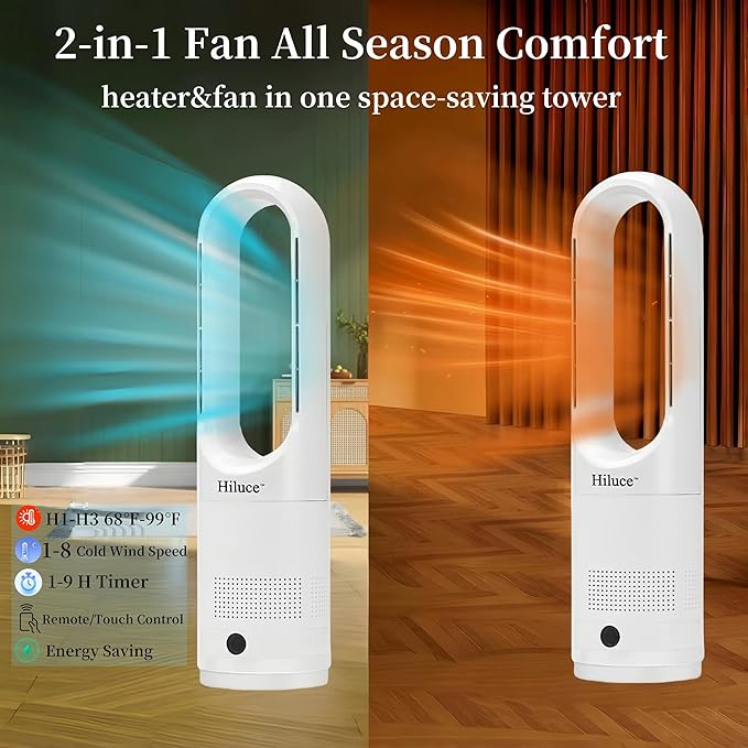 Hiluce All Season Bladeless Fan, 1400W Space Heater & 40W Tower Fan Combo with Remote,25dB Quiet Heater Fan Combo for Indoor Use,Tip Over and Overheat Protection 80°Oscillation,8Levels, 9H Timer,22"
