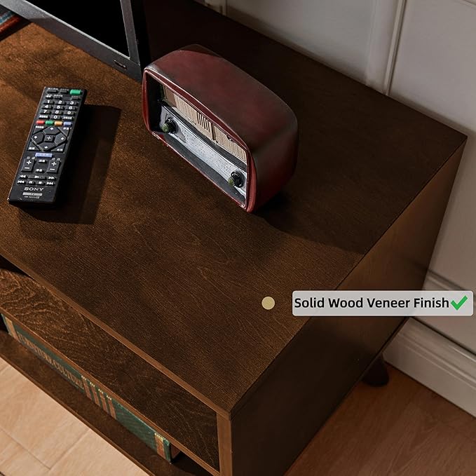 LKTART TV Stand for TVs up to 65'',Mid Century Modern Entertainment Center with Rattan Sliding Door,Boho Media Console for Living Room(Dark Walnut, 59")
