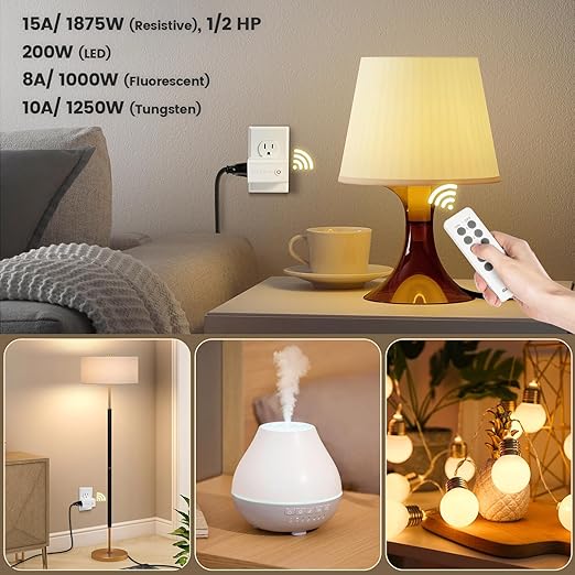 SURAIELEC Remote Control Outlet, Wireless Remote Light Switch, 100 FT, 15A/1875W, Expandable Indoor Compact Side Outlet Plug for Lamps, Fans, Christmas Trees, Small Appliances, 5 Outlets + 2 Remotes