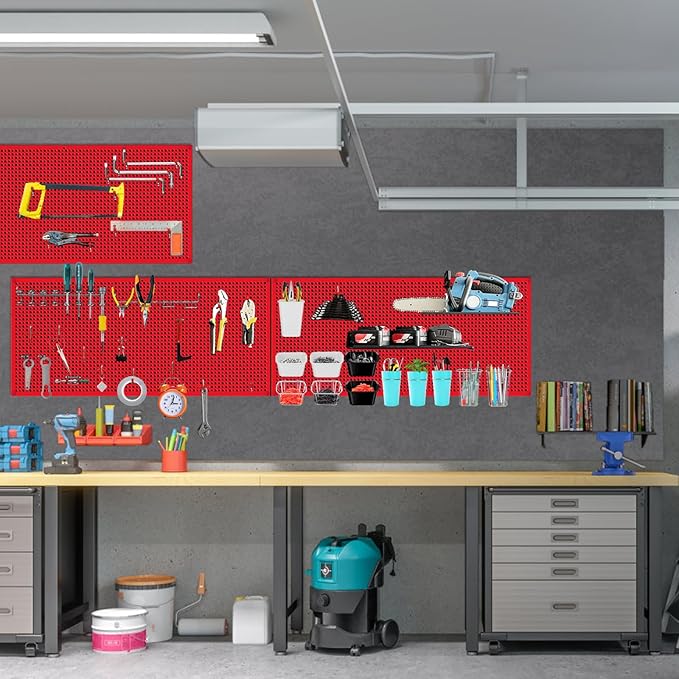 Daanxw Pegboard Rack Garage Storage Steel Horizontal PegBoard Pack,Steel Pegboard Heavy Duty- 3 Pack 16-Inch X 36-Inch Metal Peg Board Tool Organization Panels (Red)