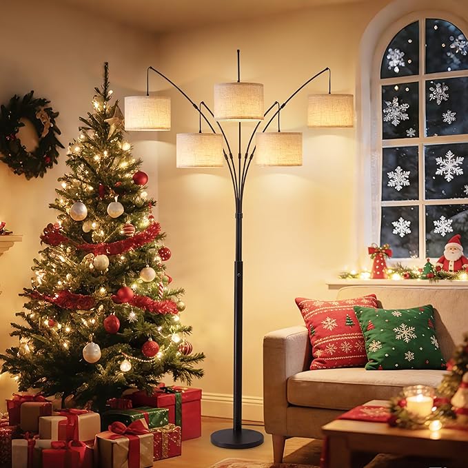 Fansdrick Floor Lamps for Living Room, 4000LM Super Bright Arc Floor Lamp with Remote Control, 5 Light Tall Floor Lamps with Stepless Dimmable, 80" Mid Century Tree Floor Lamp for Bedroom, Office