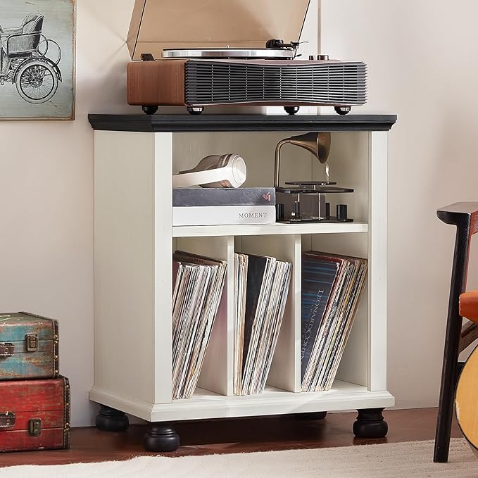 Joaxswe Record Player Stand with Vinyl Record Storage, 24" Wide Mid-Century Record Player Table Up to 200 Albums,Large Wood Turntable Stand Cabinet Dispaly Shelf for Living Room,Bedroom,White