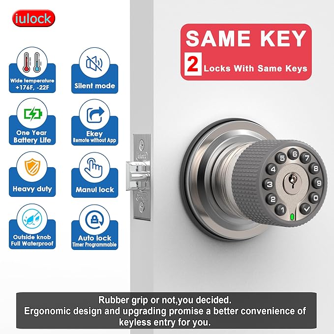 iulock Smart Door Knob with Keypad and Key,Keyless Entry Door Lock with Rubber Grip, Auto Lock,50 User Code,Waterproof, Easy to Install and Program for Bedroom(Stain Nickel Same Key 2 Pack)