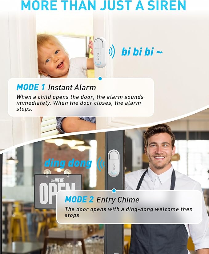 Sanjie Pool Door Alarms for Kids Safety/Home Security/Dementia,4 Working Modes,Wireless Door Open Alarm,Window Alarms Sensors,0-120dB Volume Adjustable,2 Sensors 2 Remote Controls