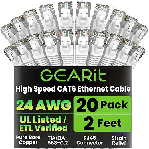 GEARit Cat 6 Ethernet Cable (20-Pack 2 Feet) Cat6 Network Patch, 10Gbps, RJ45, Snagless Cord, Gold-Plated Connectors, Internet for PC, TV, Tablet, Router, Printer, Servers, IT Data Center - White