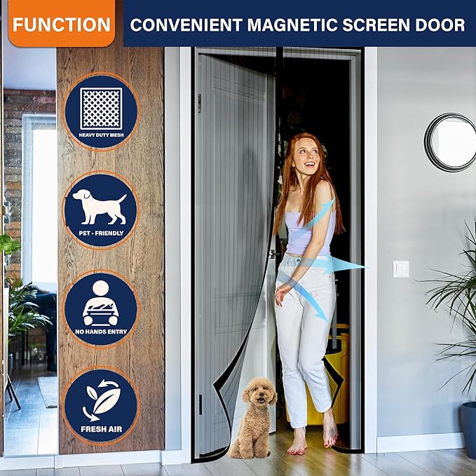 Magnetic Screen Door, Fit Door Size 48 x 80 Inches, Screen Doors with Magnets, Pet & Kid Friendly，Works with Front Doors, Sliding Doors ‎Black