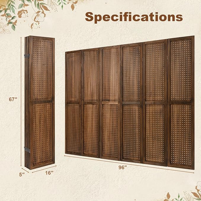 Giantex 6 Panel Pegboard Display & Room Divider, 5.6FT Folding Pegboard Stand for Crafting Show Jewelry Retail, Freestanding Privacy Screen, Wooden Partition Wall Divider for Room Separation, Brown