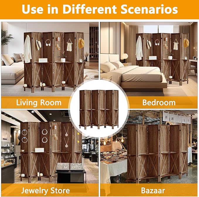 Aleesing 6 Panel Pegboard Display with Shelf, Wooden Pegboard Room Divider Wall with 24 Hooks, Partition Room Dividers and Folding Privacy Screens, Bedroom, Jewelry Store, Brown