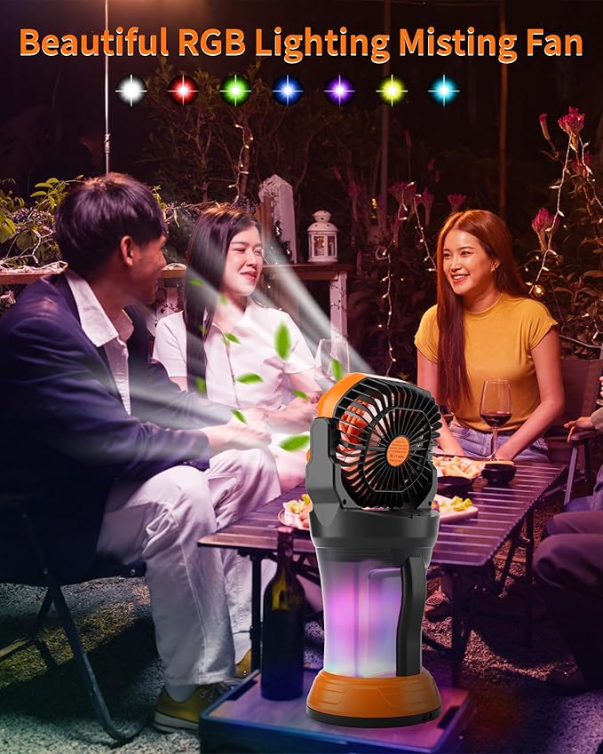 WESTTREE Portable Misting Fan with Large Battery Fan-Rechargeable Outdoor Misting Cooling Fans with 2L Water Tank,RGB Lights,4 Speeds & Spray Modes-for Patio, Camping, Beach, Workshop (X65 Orange)