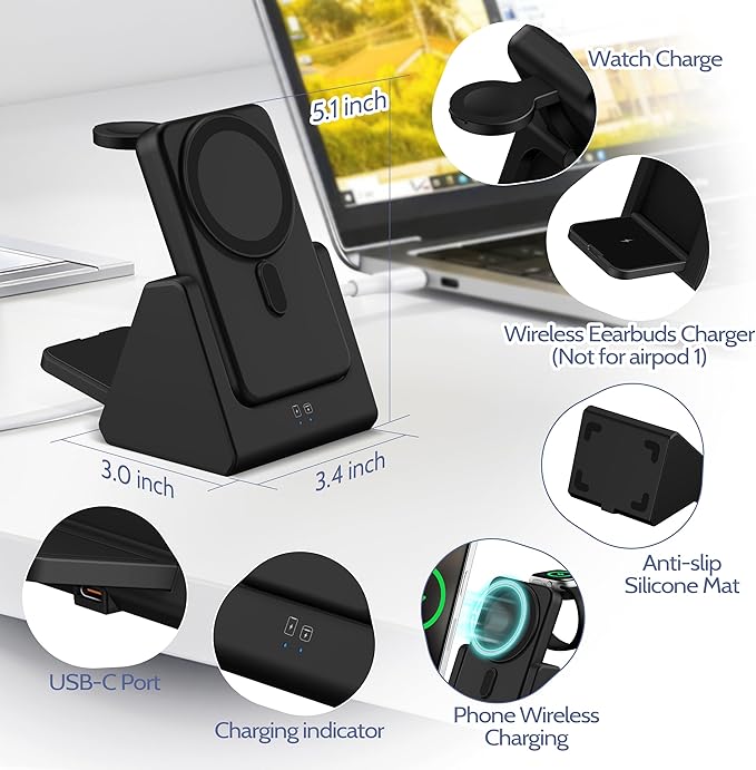 Smtcsl 3-in-1 Wireless Charging Station: Portable 5000mAh Power Bank Charger Compatible for Phone Air/17/16/15/14/13/12 Series and Watch - Detachable Magnetic Charging Stand Black