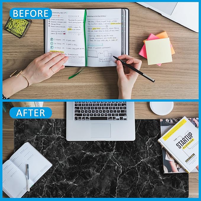 EOBKLAX Black Marble Texture Desk Mat,Large Gaming Mouse Pad,Non-Slip Rubber Base Desk Pad with Stitched Edges for Desk Office Home Decor 35.4X15.7 Inch